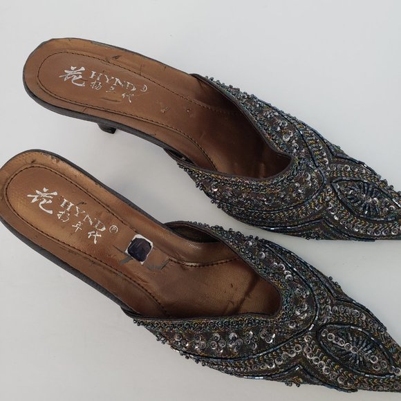 Vintage Beaded Sequined Kitten Heel Mules - Picture 2 of 7